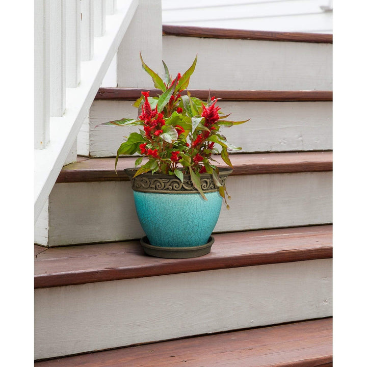 8" Planter Teal 2-pk. Blue Traditional Round Ceramic - Diamond Home USA