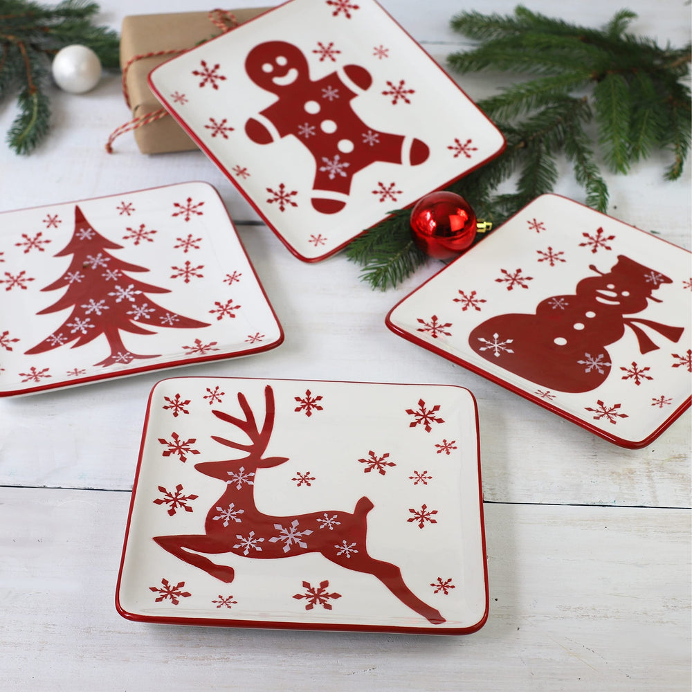 Winterfest 8inch Salad Plates Dessert Set Of 4pcs Red White Ceramic - Diamond Home USA