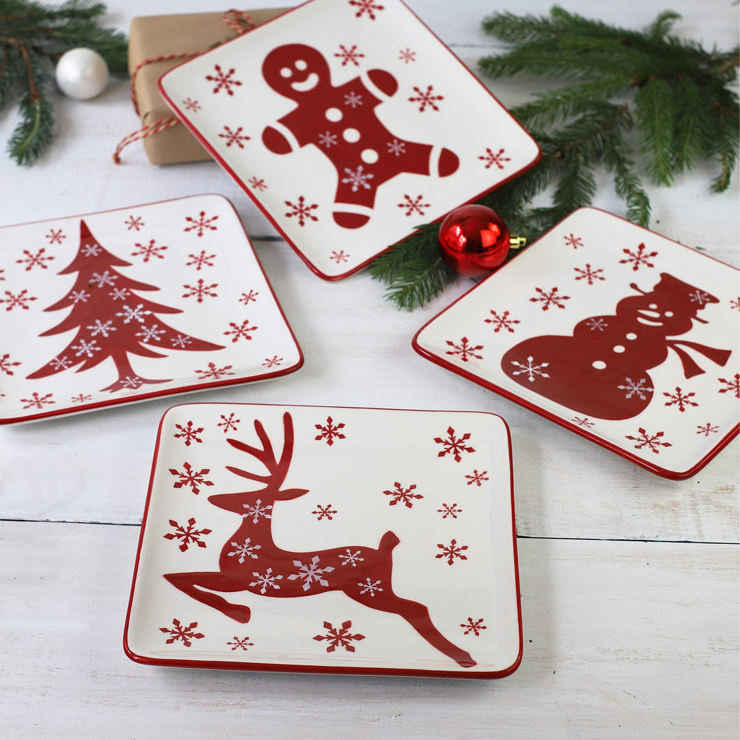 Winterfest 8inch Salad Plates Dessert Set Of 4pcs Red White Ceramic - Diamond Home USA