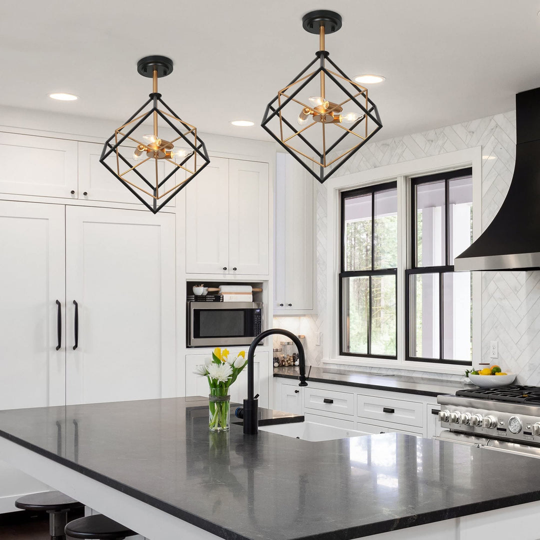 Modern Farmhouse 3-light Black Gold Semi-flush Mount Ceiling Lights Cube - Diamond Home USA