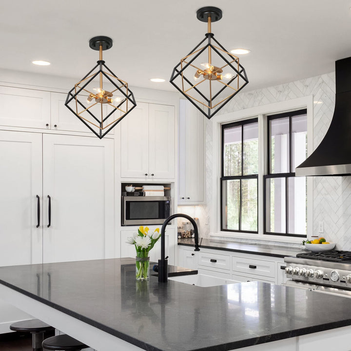 Modern Farmhouse 3-light Black Gold Semi-flush Mount Ceiling Lights Cube - Diamond Home USA