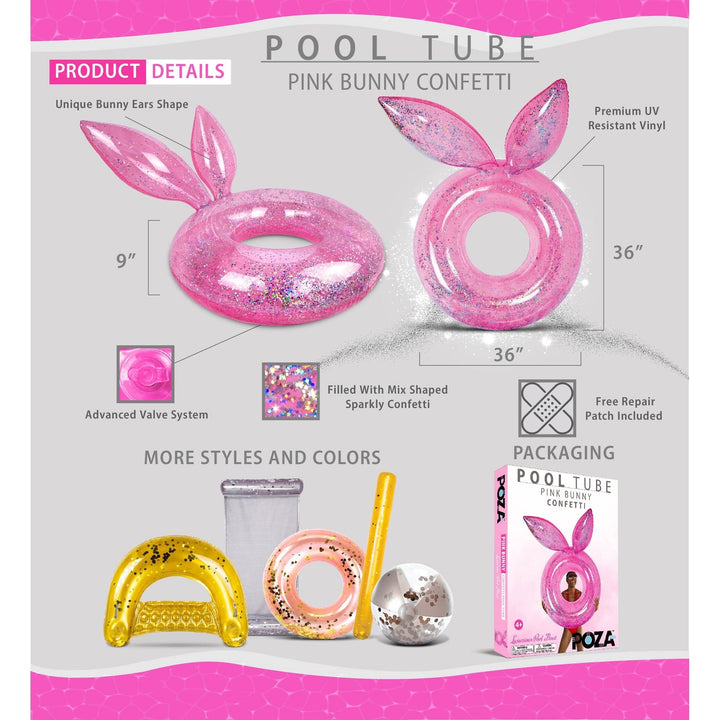 Inflatable Bunny Pool Float Tube with Sparkle Silver Confetti 36 Inch Pink - Diamond Home USA
