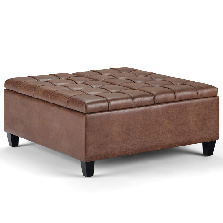SIMPLIHOME Harrison 36 Inch Wide Square Table Lift Top Storage Ottoman Distressed