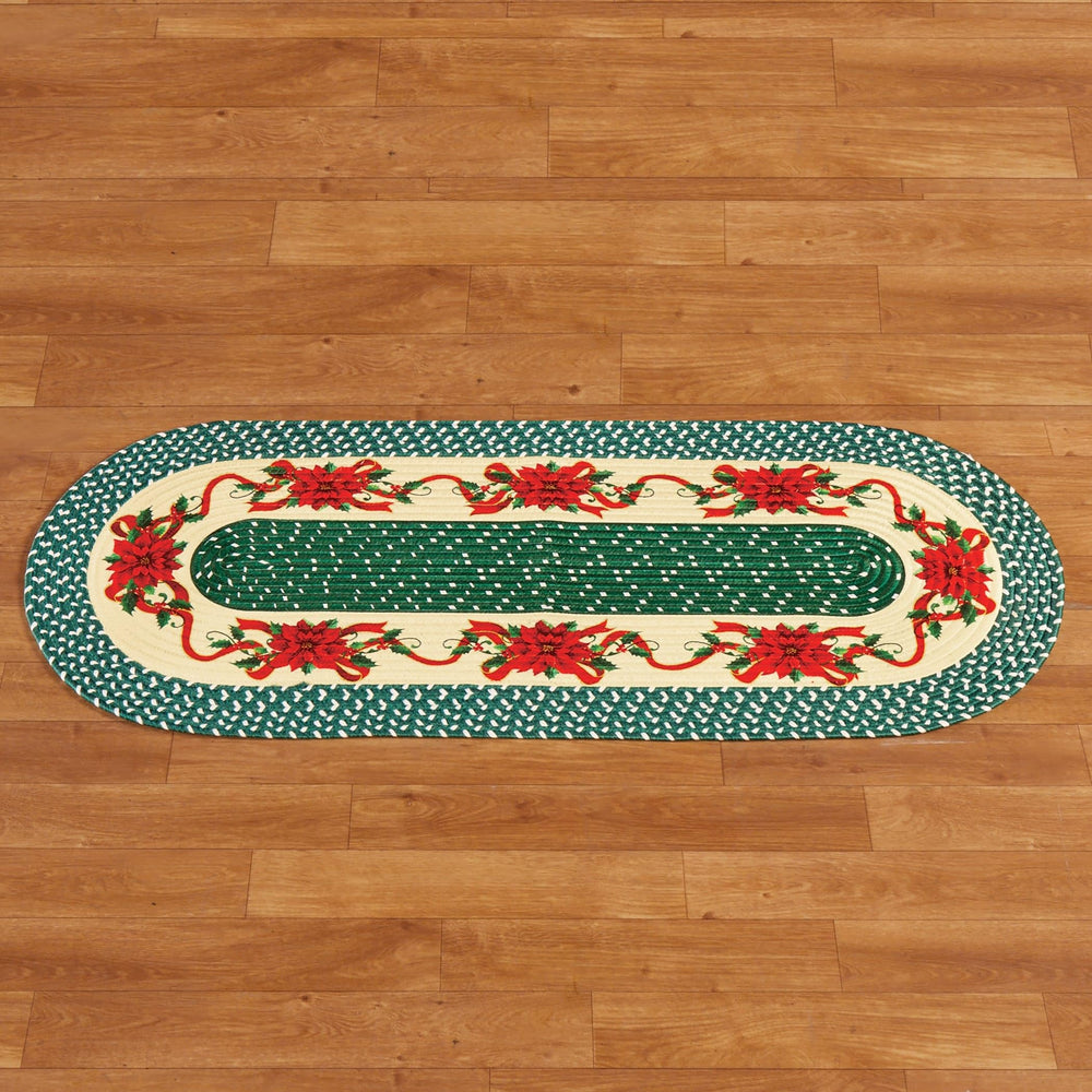 Holiday Poinsettias On Green Braided Runner Rug X - Diamond Home USA