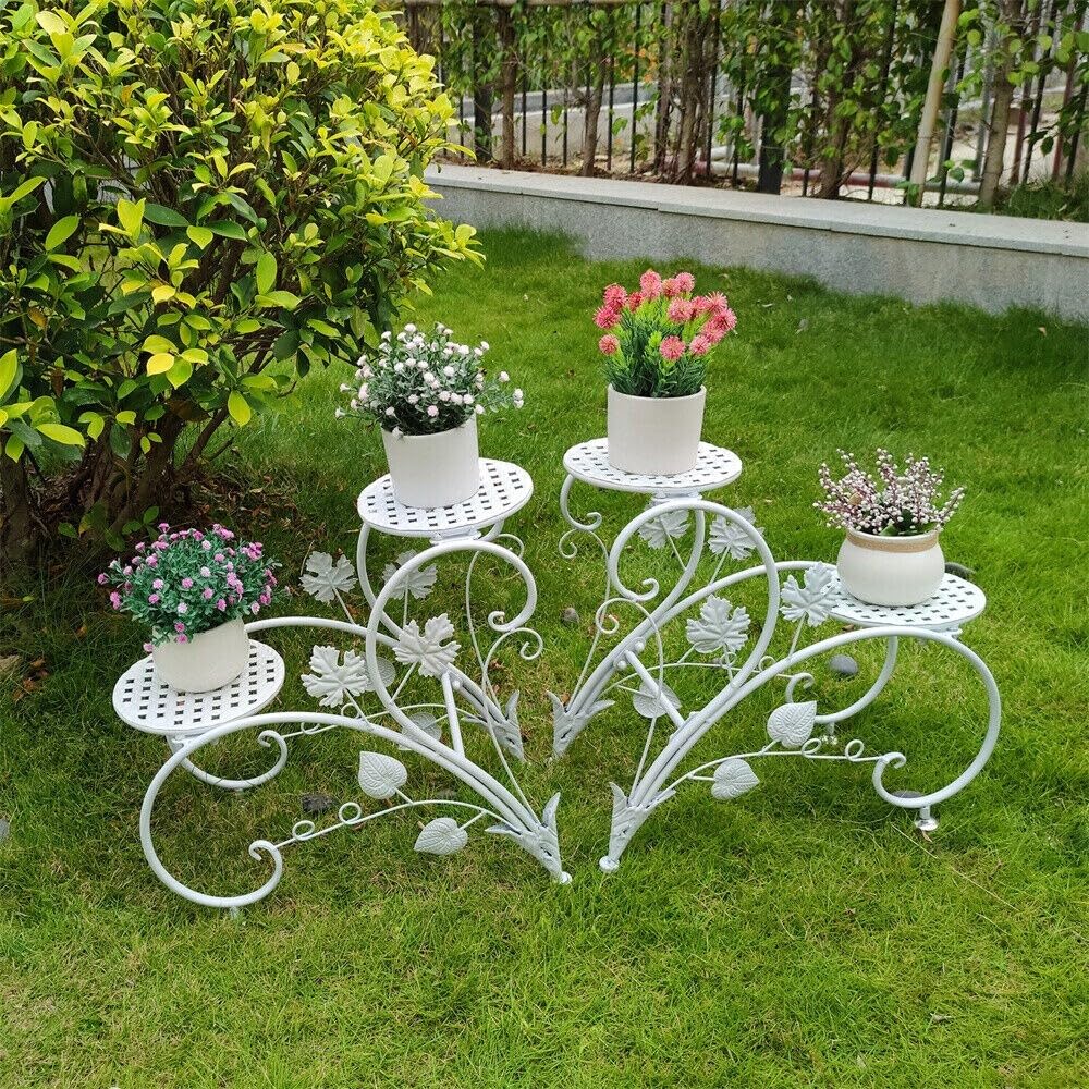 Plant Stand Set Of 2 Metal Flower Racks Potted White Black Classic Rectangular - Diamond Home USA