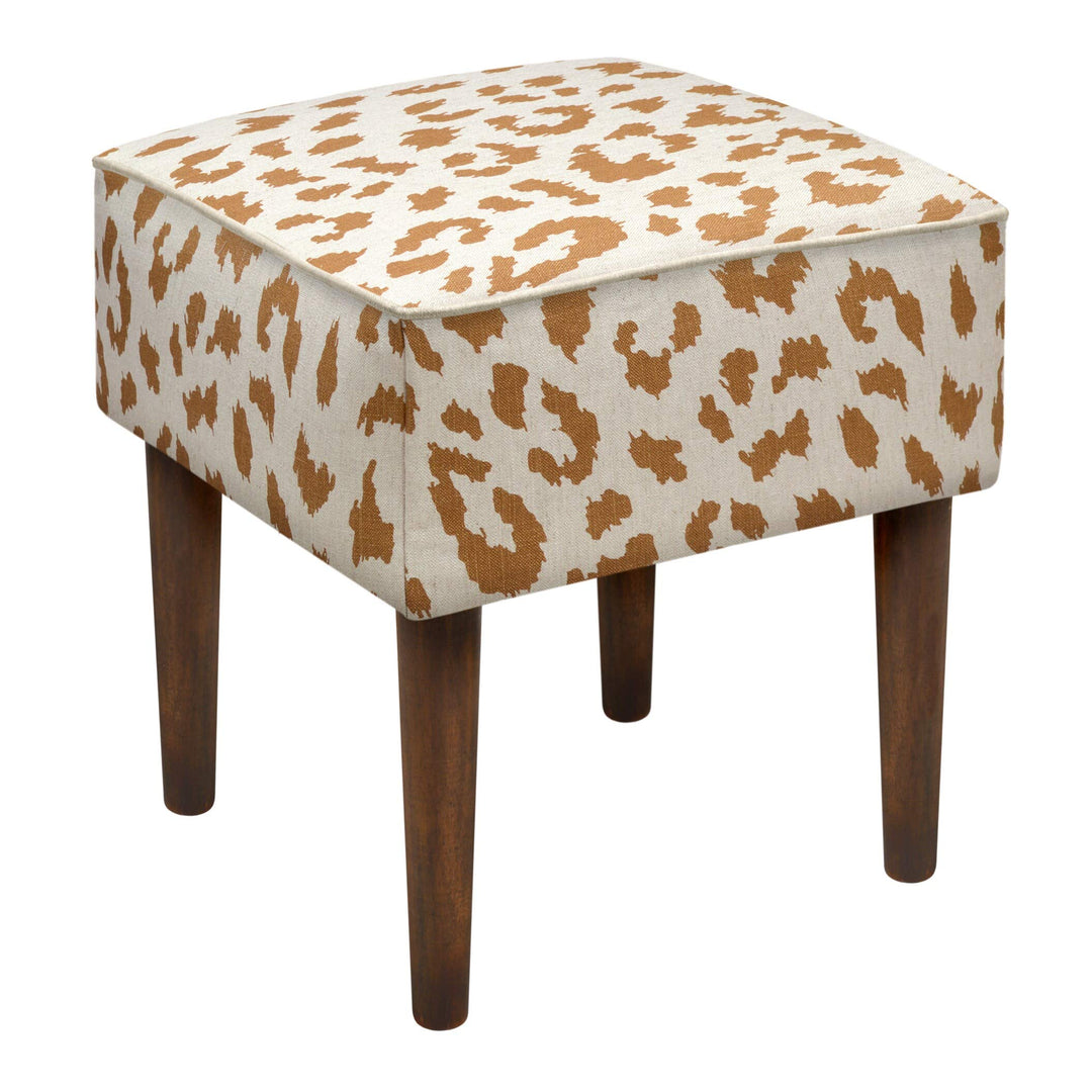 Caramel Linen Leopard Upholstered Modern-Style Stool with Wooden Legs Brown