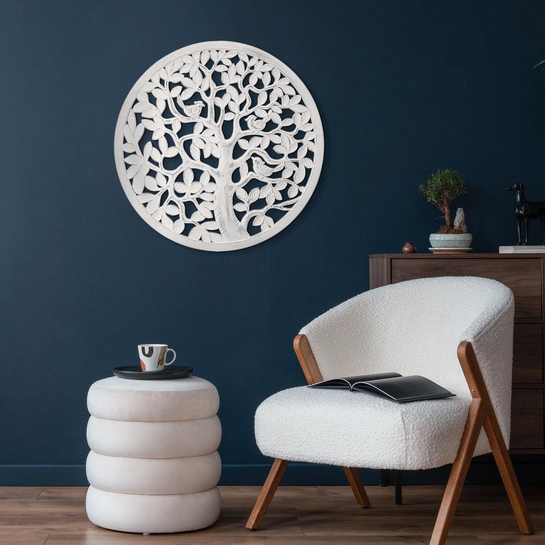 Boho Tree Birds Round White Distressed Medallion Wall Art Accent 31" Bohemian - Diamond Home USA