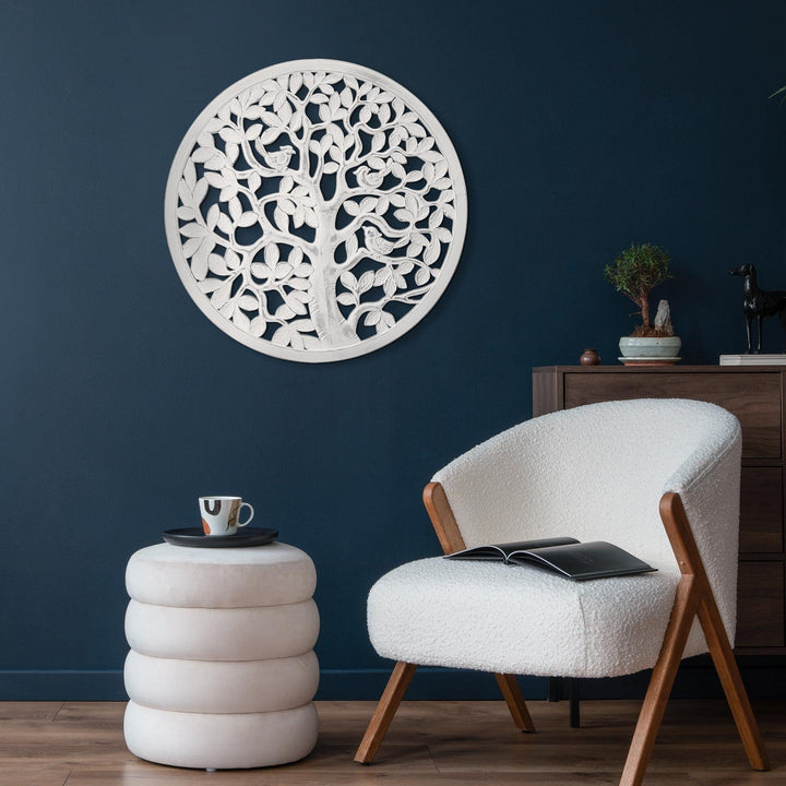 Boho Tree Birds Round White Distressed Medallion Wall Art Accent 31" Bohemian - Diamond Home USA