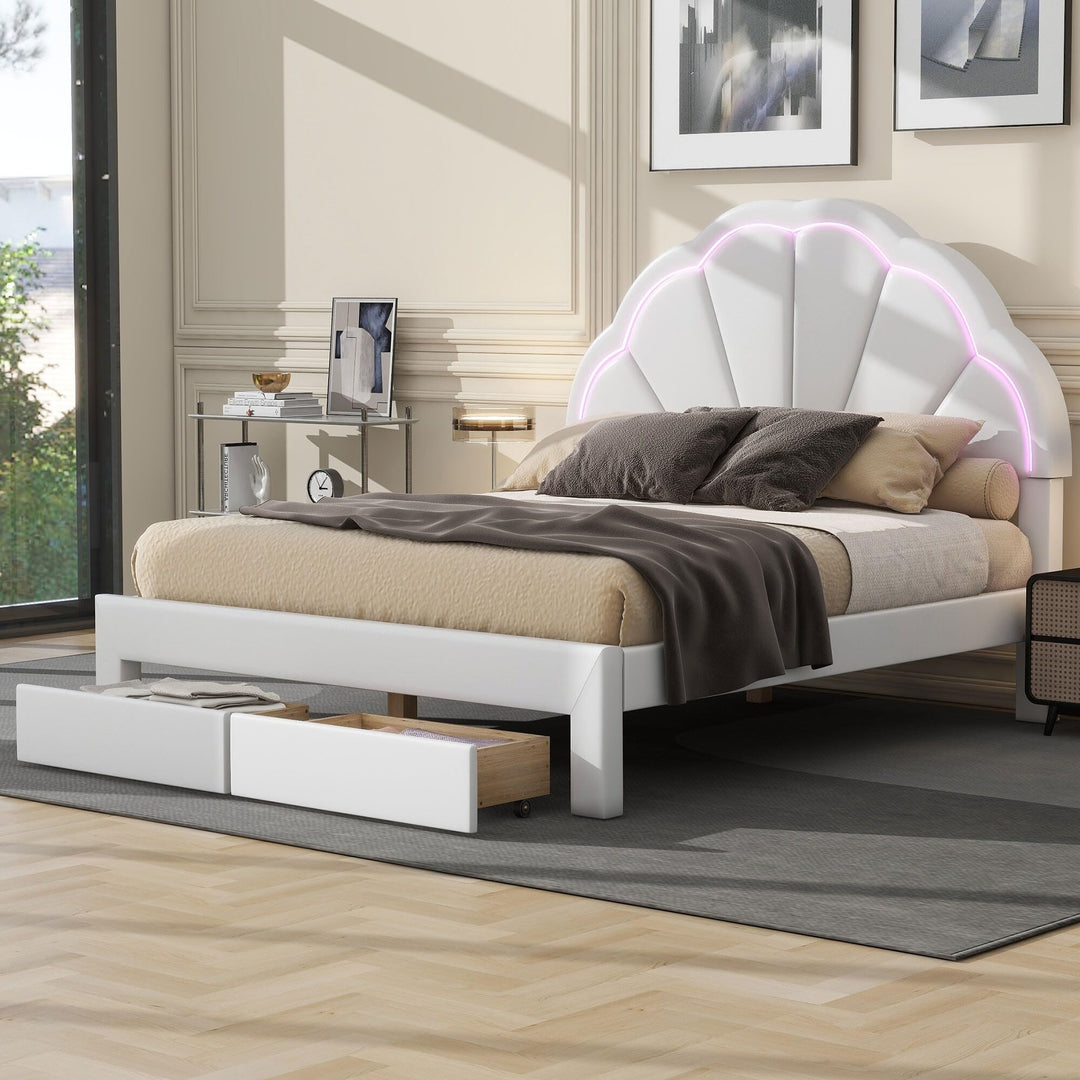 Full Platform Bed Frame W/led Flowers Shaped White Headboard 2 Drawer Casual - Diamond Home USA