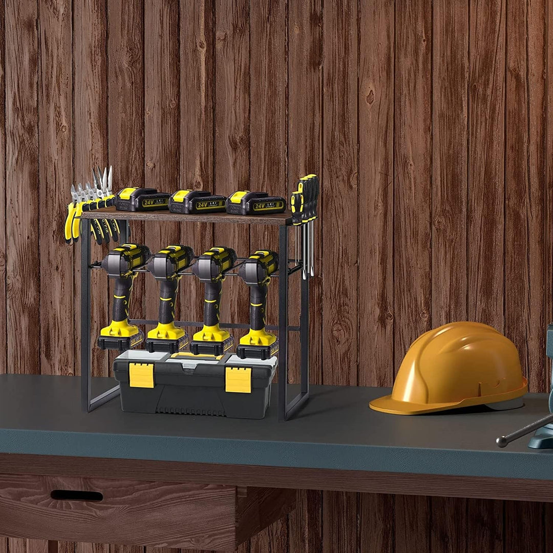 Bench Top Power Tool Organizer with 4 Drill Holders Black - Diamond Home USA