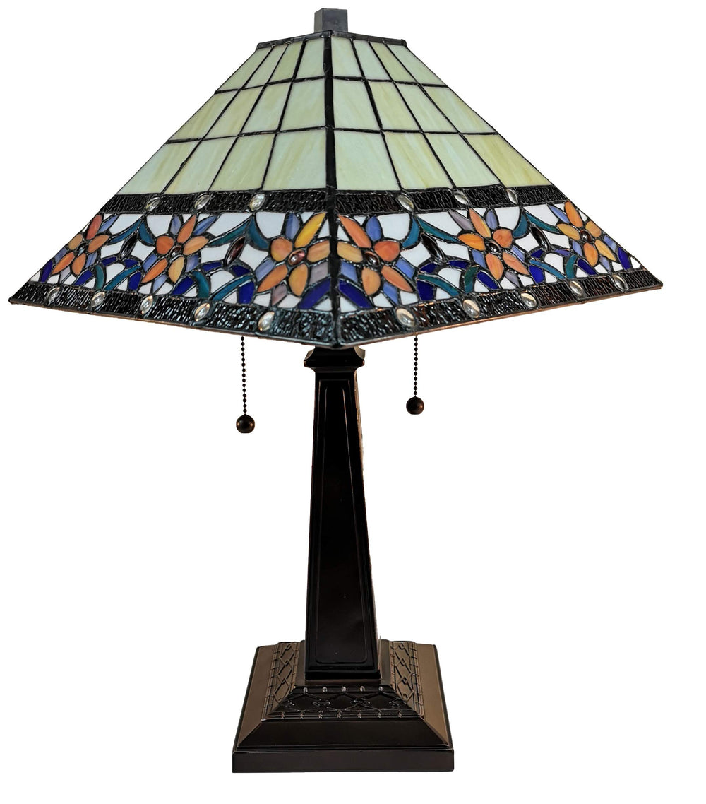 Tiffany Style Table Lamp Banker Mission 23" Tall Stained Glass Blue White Tan - Diamond Home USA