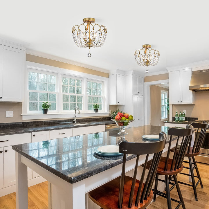 Vintage Brass 3-light Glam Semi Flush Mount with Crystal Steel Dimmable - Diamond Home USA