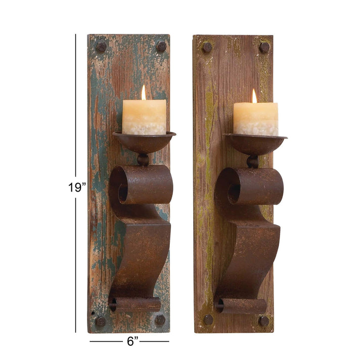 Rustic Brown 19-inch Candle Sconces (Set of 2) Farmhouse Iron Wood - Diamond Home USA