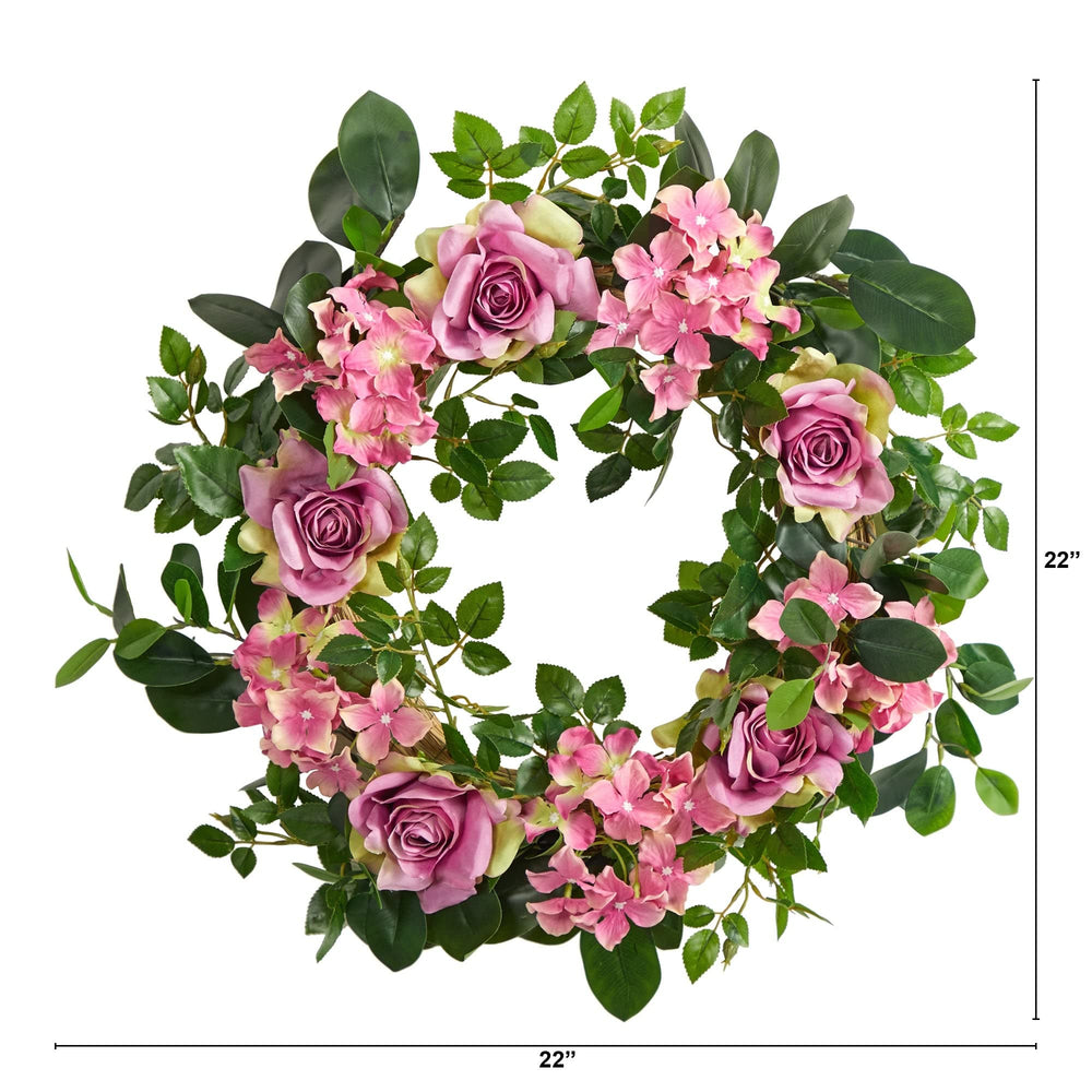 22" Pink Hydrangea and Rose Artificial Wreath Casual Polyester Unadorned - Diamond Home USA