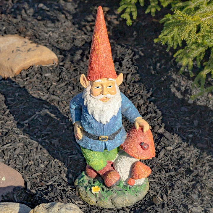 16 Inch Tall Spring Gnome Garden Statue with Mushrooms Multi Color Magnesium