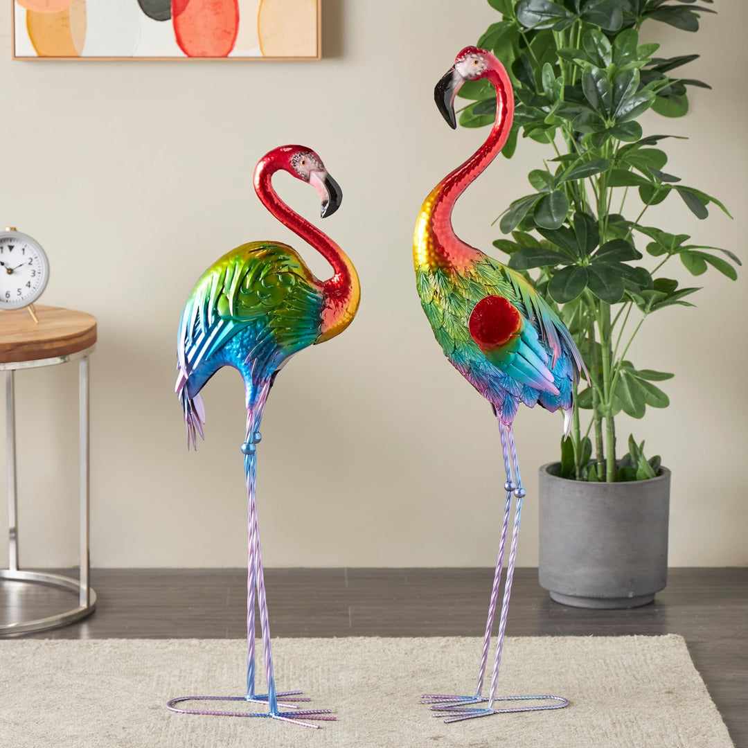 Multi Colored Metal Tall Textured Rainbow Flamingo Decorative Garden Sculpture