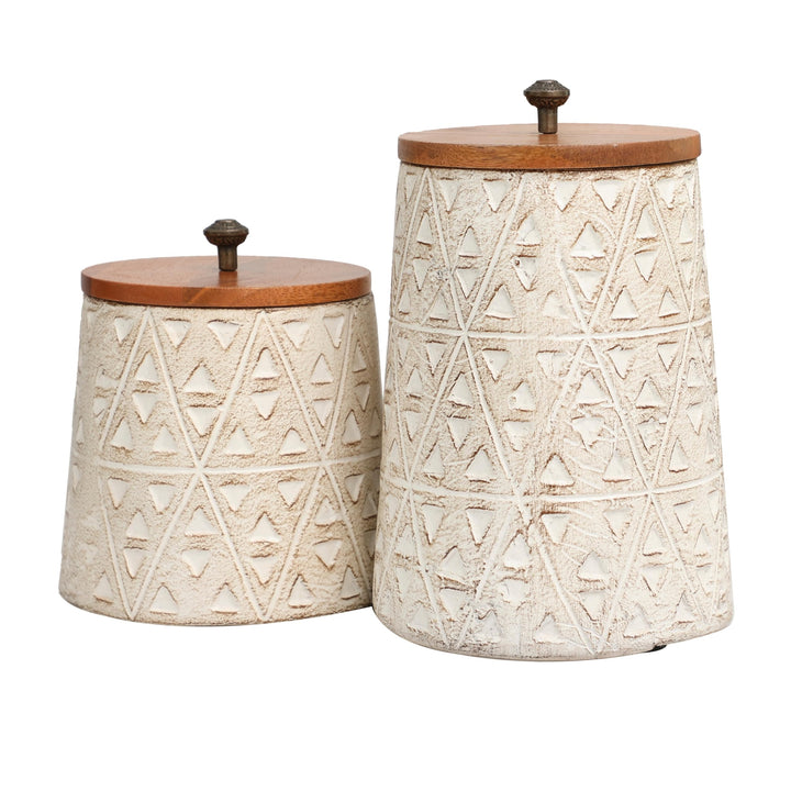 Cream Paper Handmade Carved Triangle Tribal Canisters With Brown Removable - Diamond Home USA