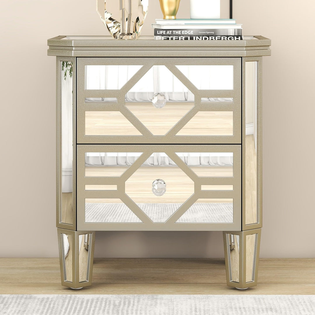 Elegant Mirrored 2-Drawer Nightstand End Table with Golden Lines Silver Modern