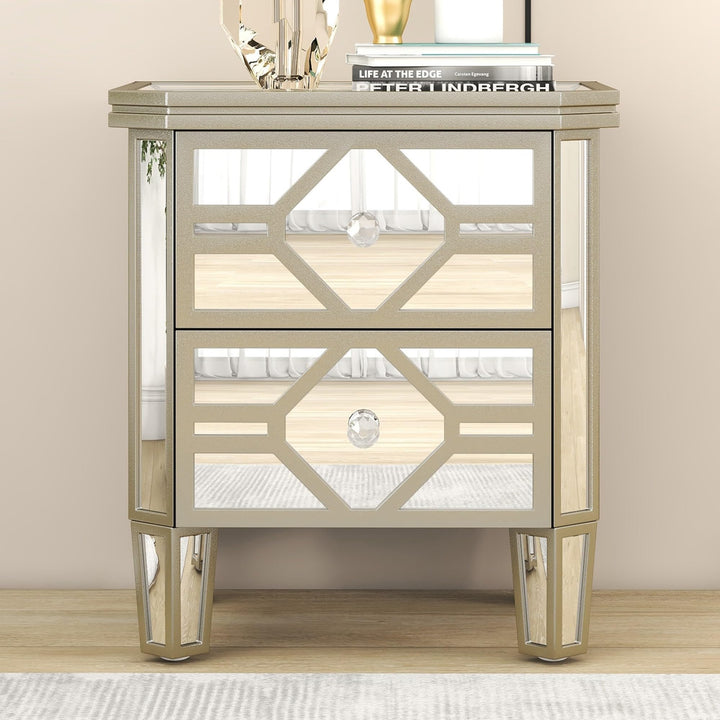 Elegant Mirrored 2-Drawer Nightstand End Table with Golden Lines Silver Modern