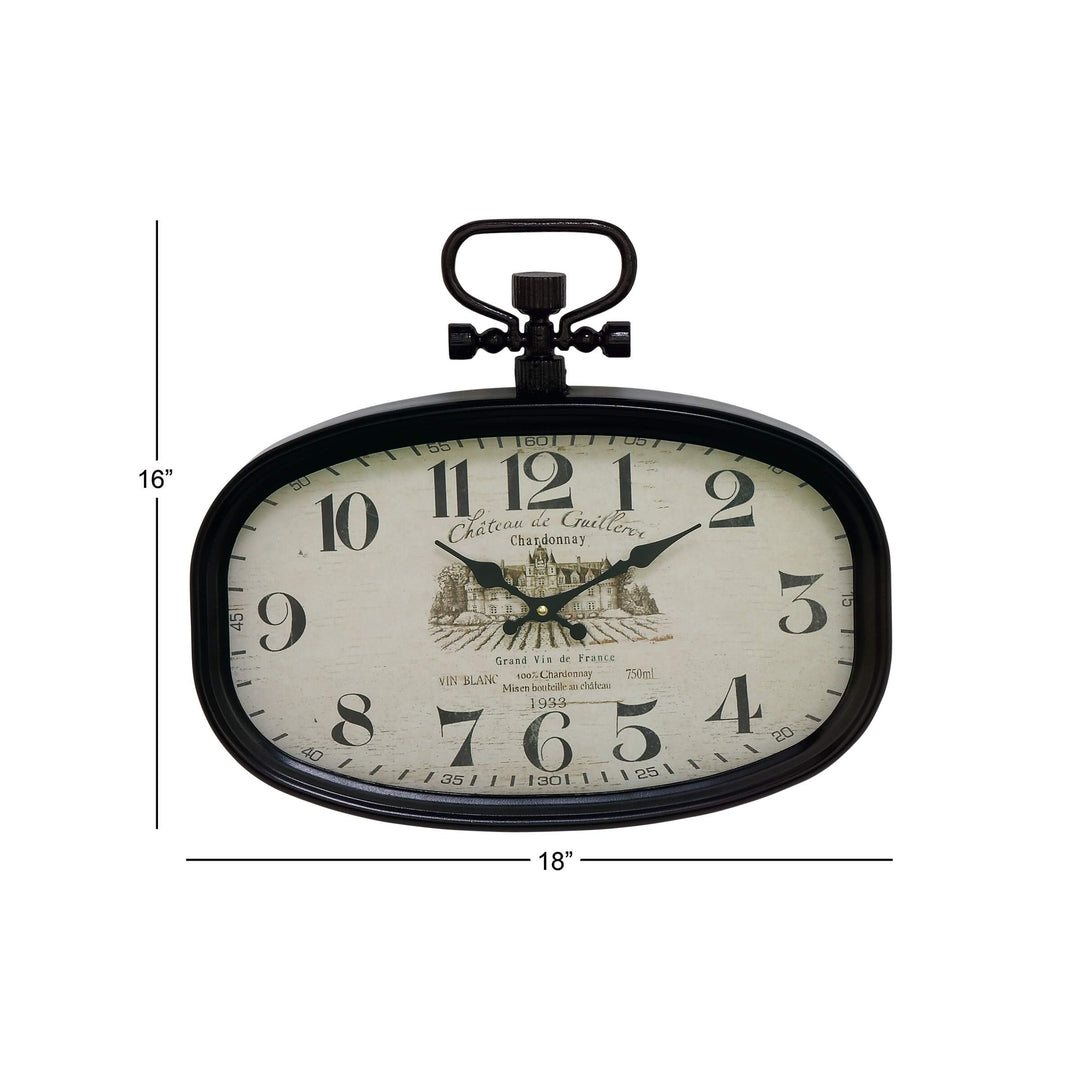 Black Iron Oval Wall Clock with White Face Rustic Wood Espresso Finish Numerical - Diamond Home USA