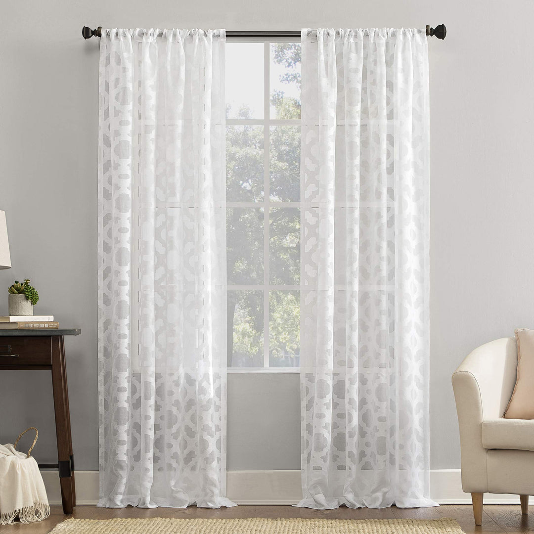 No. 918 Yvette Trellis Jacquard Sheer Rod Pocket Curtain Panel 52" x 63" White 52x63 - White