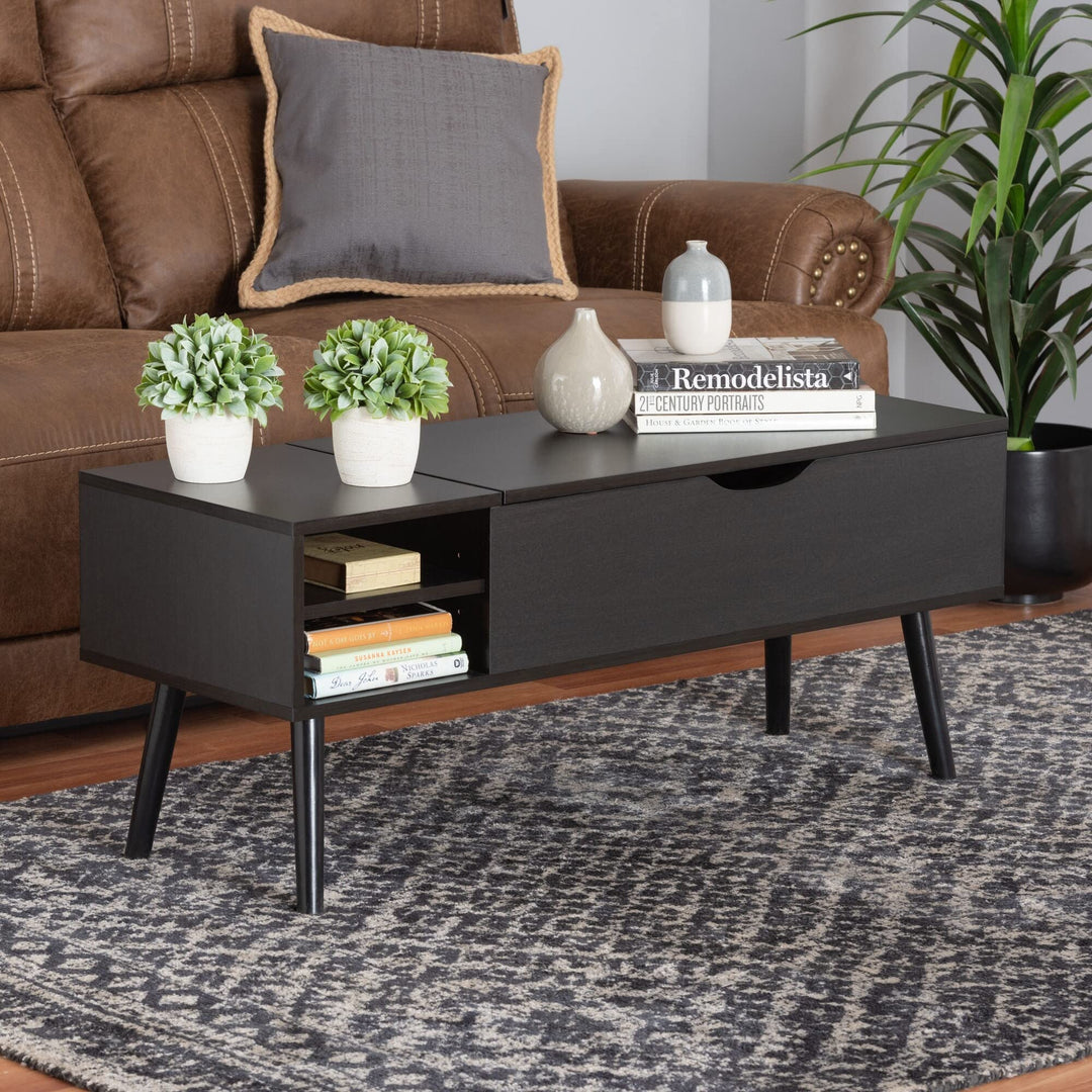 Modern Two-Tone Black and Brown Finished Wood Coffee Table with Lift-top Storage