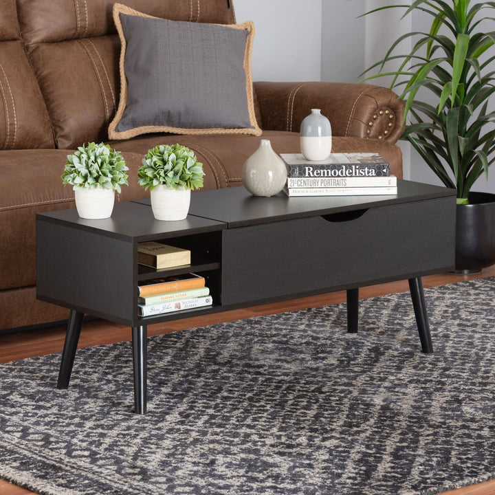 Modern Two-Tone Black and Brown Finished Wood Coffee Table with Lift-top Storage