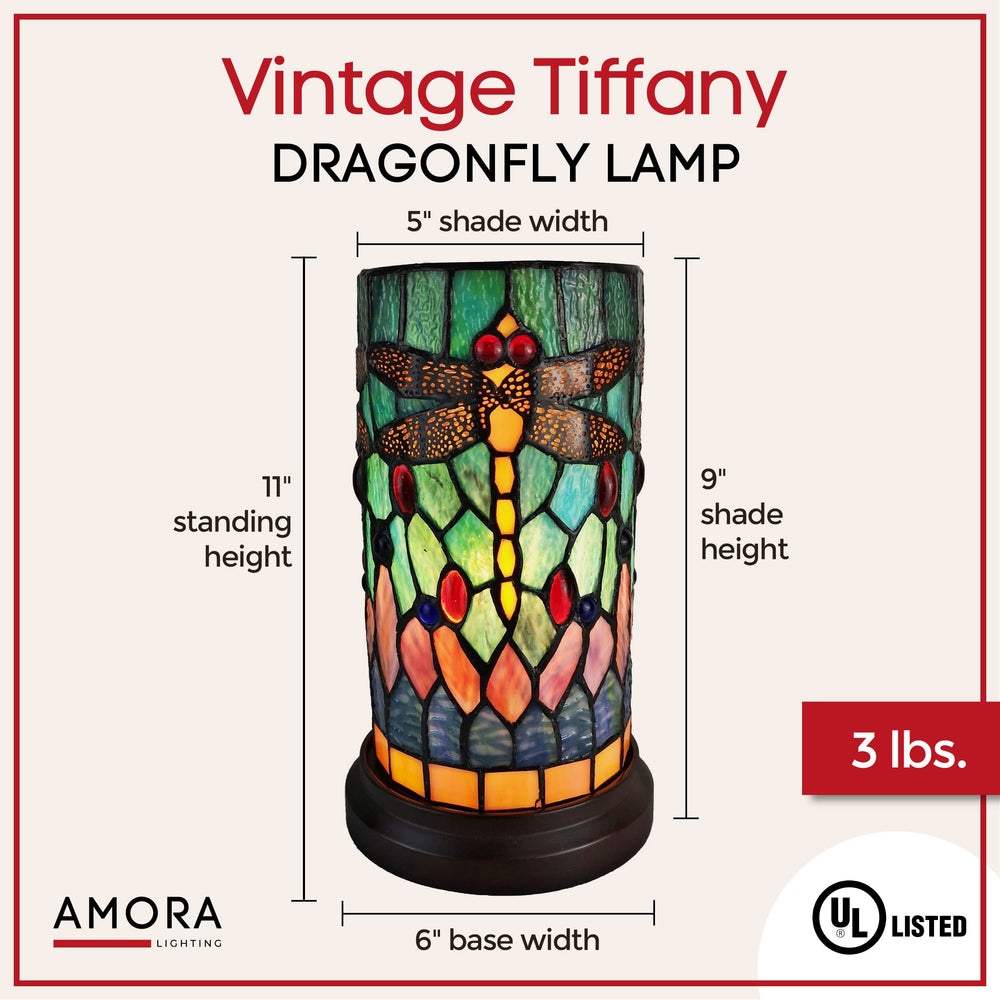 Amora Vintage Decorative Desk Lamps - 11” Tiffany Dragonfly Lamp - Small - Diamond Home USA