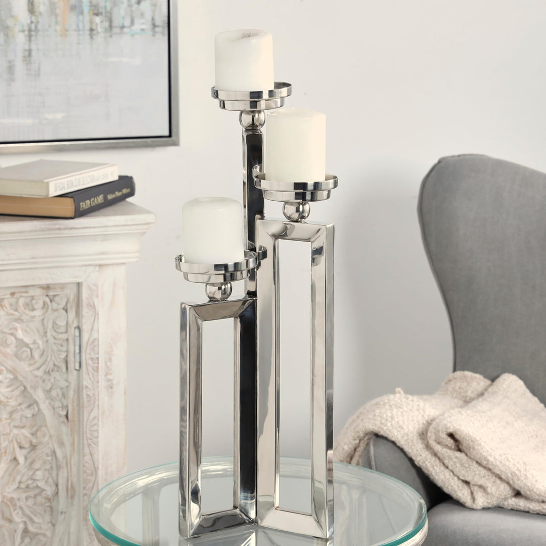 Silver Stainless Steel Open Frame Geometric Candelabra with Various Rectangles