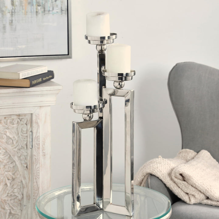 Silver Stainless Steel Open Frame Geometric Candelabra with Various Rectangles