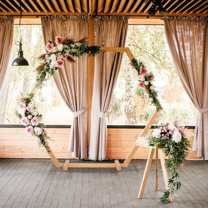 Hexagon Pine Wood Heavy Duty Wedding Backdrop Stand Brown Beach Finish Oversized - Diamond Home USA