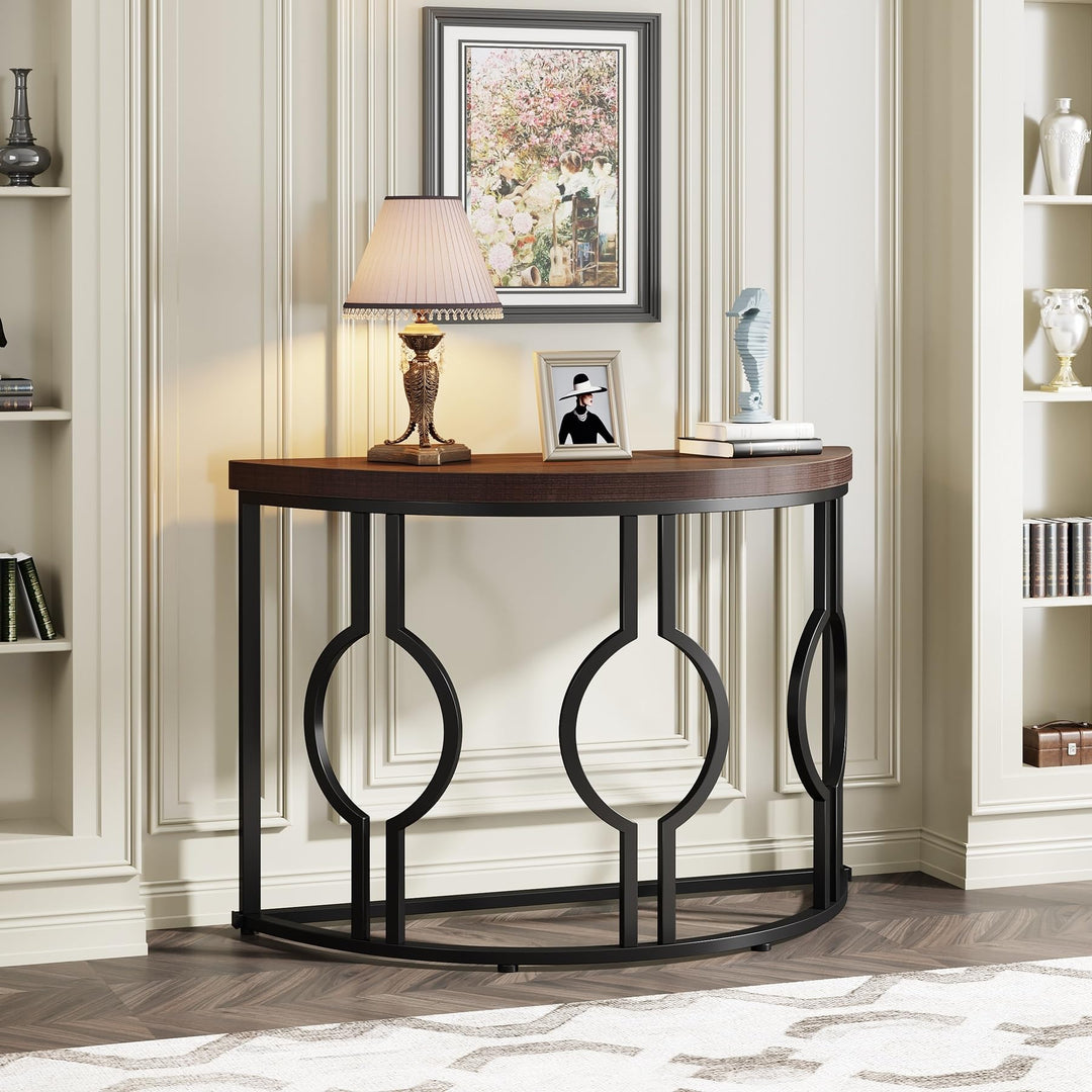 Half Moon Console Table for Entryway Semi Circle Sofa with Geometric Base Rustic Brown - Diamond Home USA