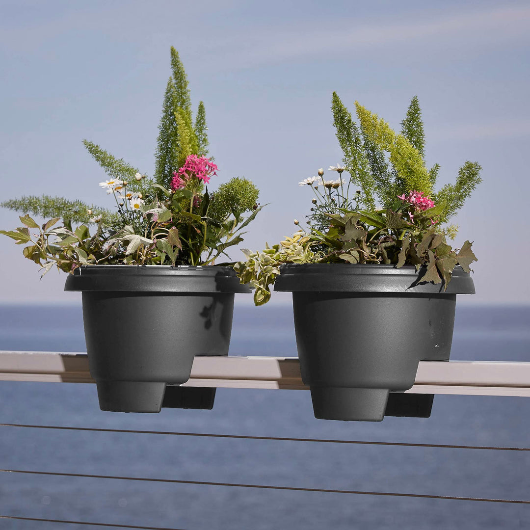 Bloem Modica Deck Rail Round Planter: 12" - Charcoal - Matte Finish Fits Rail - Diamond Home USA