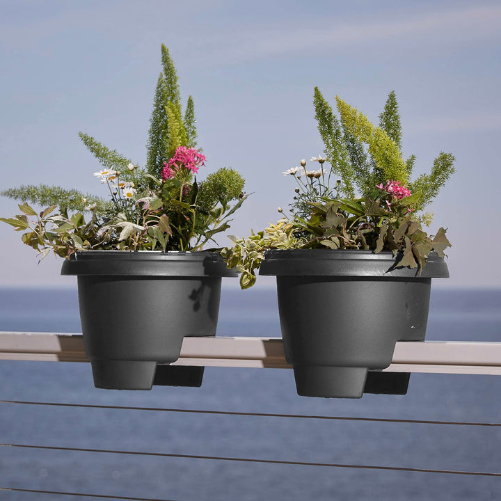 Bloem Modica Deck Rail Round Planter: 12" - Charcoal - Matte Finish Fits Rail - Diamond Home USA