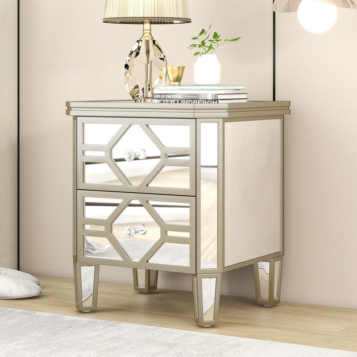 Elegant Mirrored 2-Drawer Nightstand End Table with Golden Lines Silver Modern - Diamond Home USA