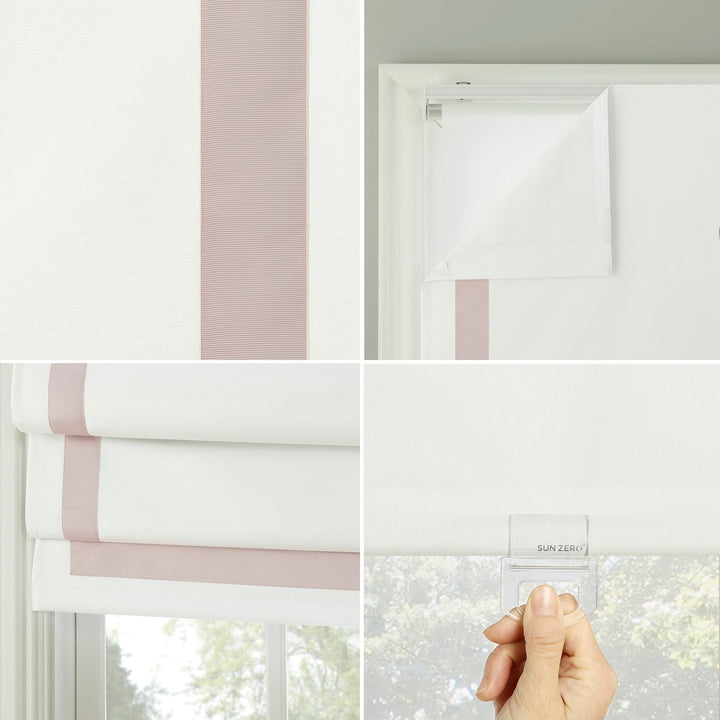 Sun Zero Marline Pink Ribbon Border Stripe 100% Blackout Cordless Roman Shade 39" x 64" - Pink/White - Diamond Home USA