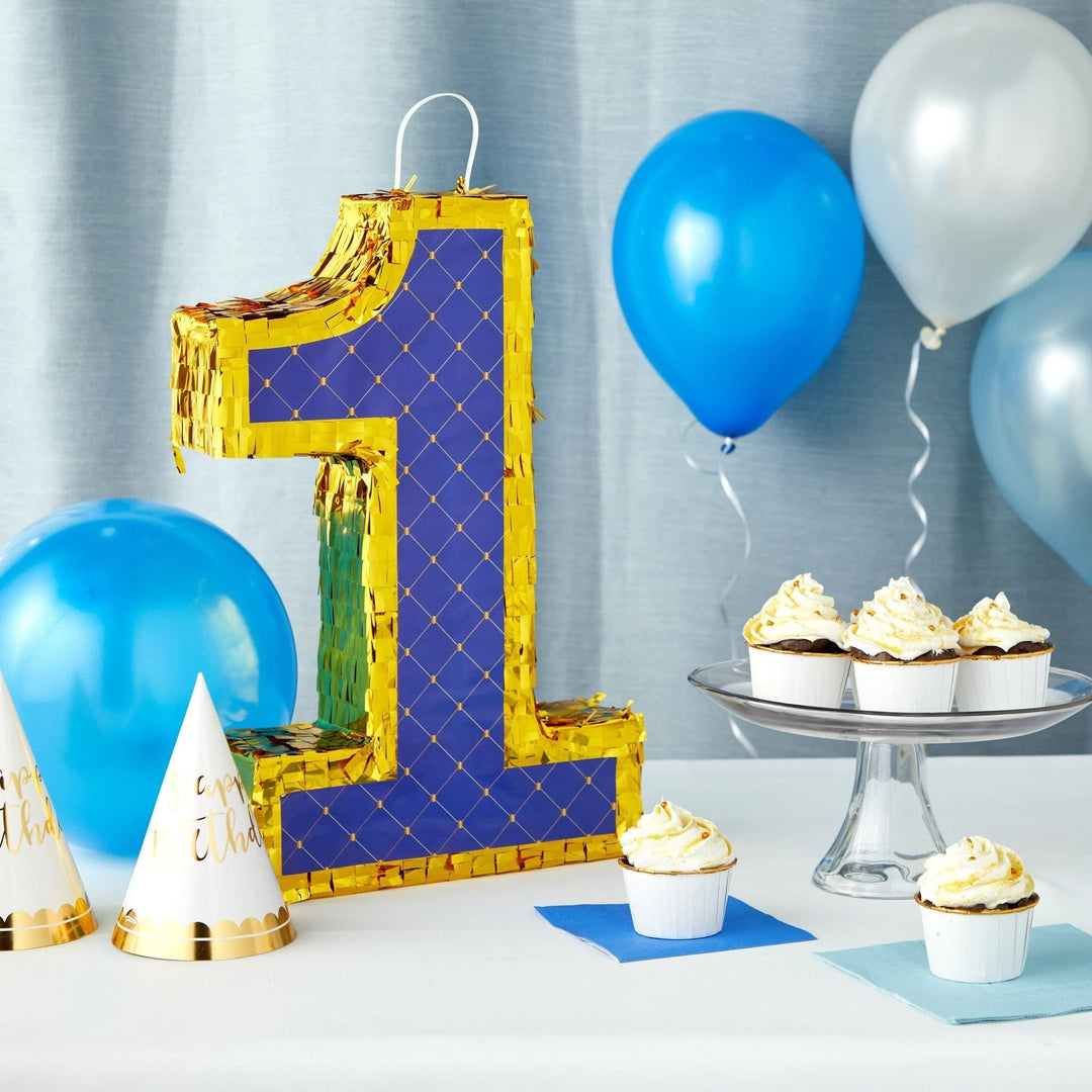 Small Royal Blue and Gold Number 1 Pinata with Pull Strings for 1st Birthday - Diamond Home USA