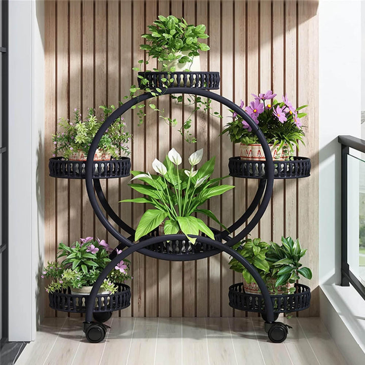 Flower Pot Holder Metal Plant Stand Shelf with 4-Wheel Black Classic Round Iron