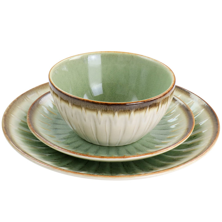 Bay 12 Piece Stoneware Dinnerware Set In Green Textured Traditional Round - Diamond Home USA