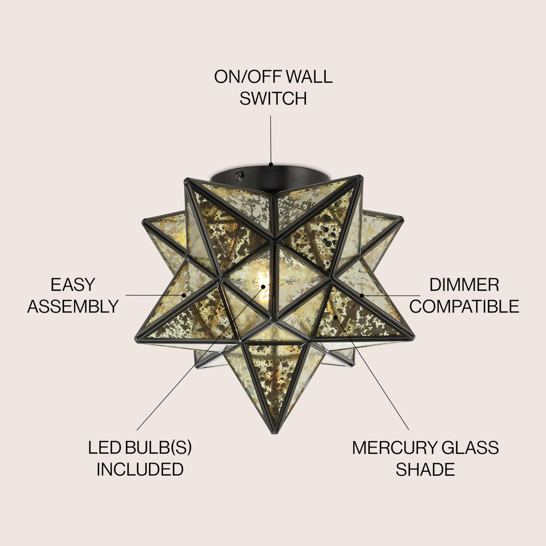 JONATHAN Y JYL9035D Stella 12" Moravian Star Metal/Glass LED Flush Mount Oil Rubbed Bronze/Mercury - Diamond Home USA