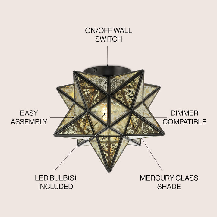 JONATHAN Y JYL9035D Stella 12" Moravian Star Metal/Glass LED Flush Mount Oil Rubbed Bronze/Mercury - Diamond Home USA