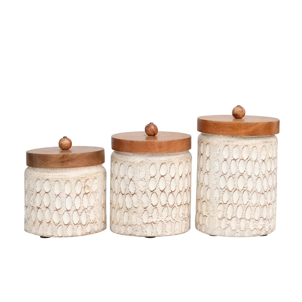 Cream Paper Handmade Carved Spotted Geometric Canisters With Brown Removable - Diamond Home USA