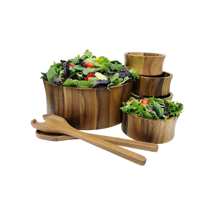 Large Salad Bowl With Serving Utensils And 4 Individuals Bowls Brown Wood 7 - Diamond Home USA