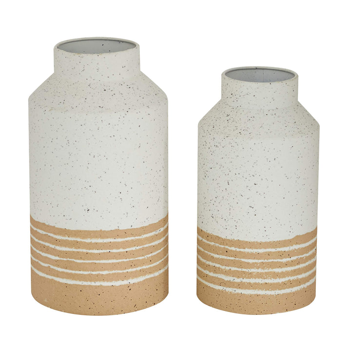 Round White Metal Textured Vase with Beige Striped Base Set of 2 11" " 6 X - Diamond Home USA