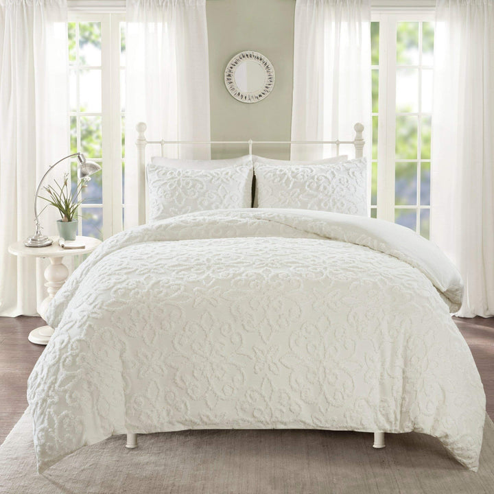 White nille Duvet Cover King/Cal King Set Tufted Bedding Floral Medallion - Diamond Home USA