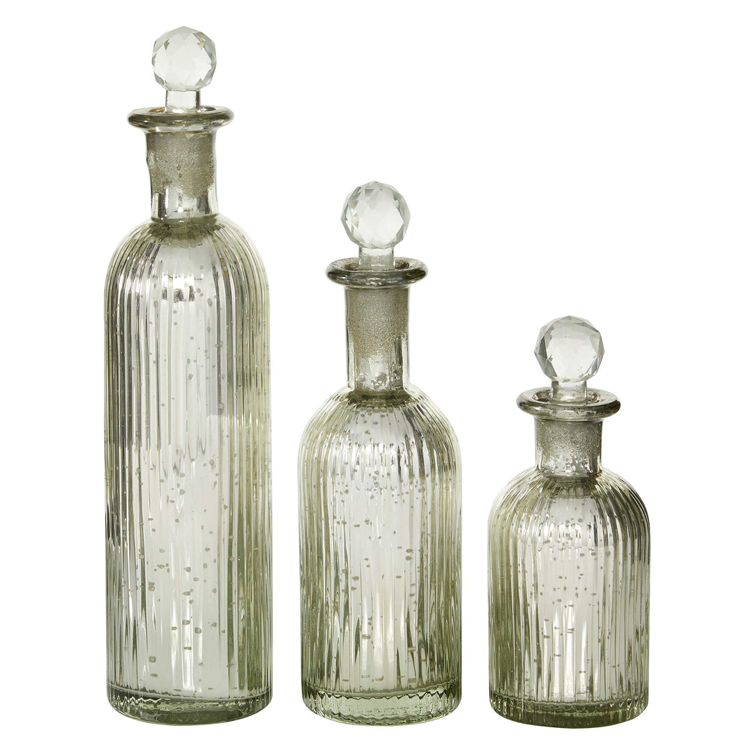 Decoractive Silver Glass Bottles with Stoppers (Set of 3) Grey Farmhouse - Diamond Home USA
