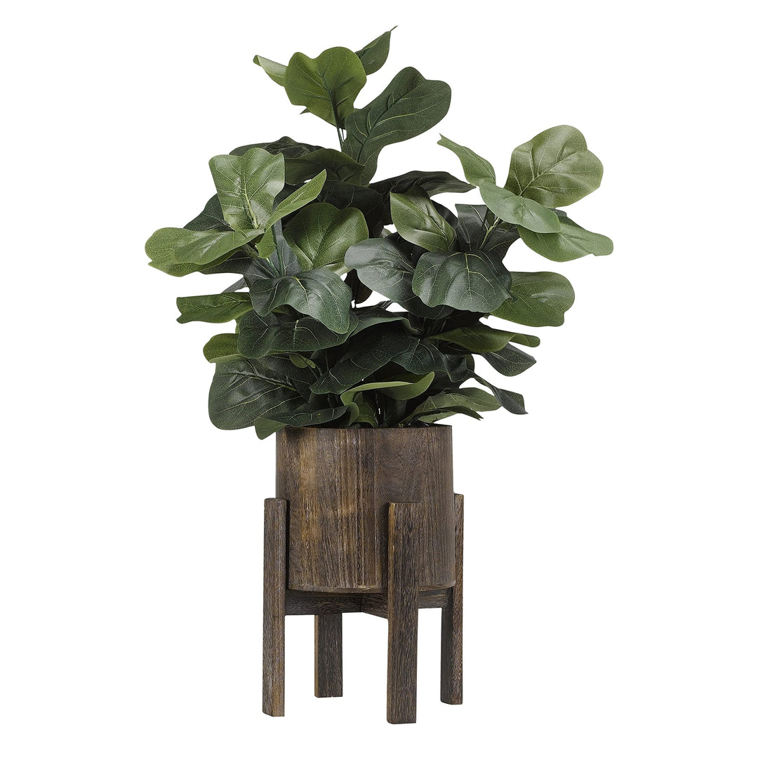 Silks Leaf Fig Branches in Round Rustic Wood Planter with Stand