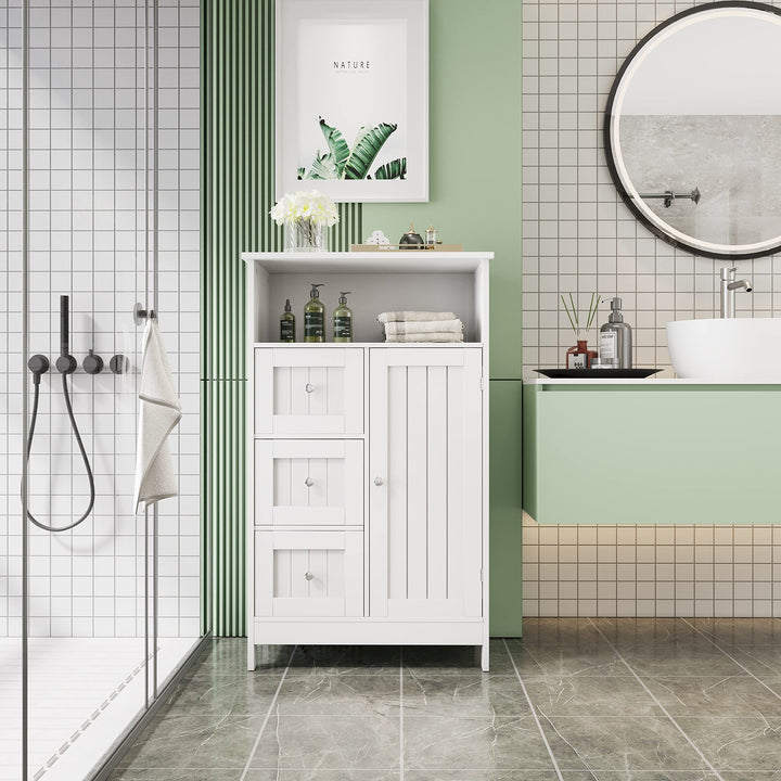 White Bathroom Storage Cabinet with 3 Drawers and 1 Door Modern Contemporary MDF
