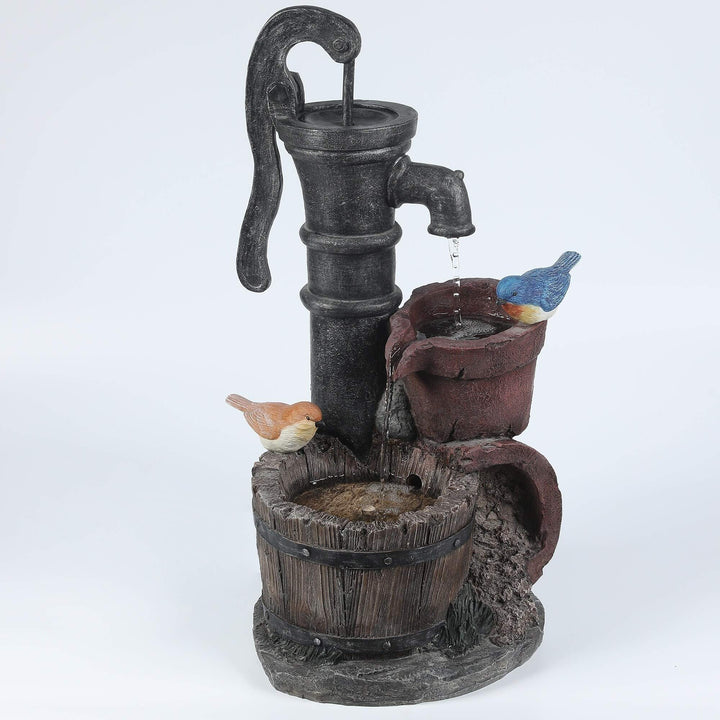 Cement Whiskey Barrels and Water Pump Outdoor Patio Fountain Blue Brown - Diamond Home USA