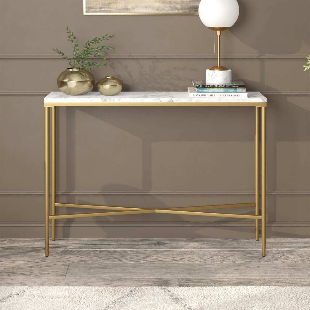 42" Wide Rectangular Console Table with Marble Top Gold Glam Mid-Century - Diamond Home USA